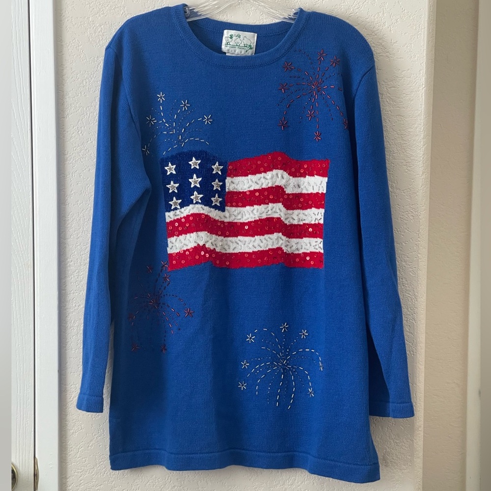 The Quacker Factory American Flag 4th Of July Blue Cotton Blend Sweater Sequins